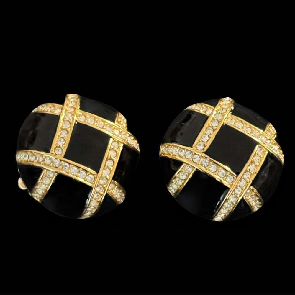 ✨ Beautiful VTG Signed Ciner Black Enamel Rhinestones Clip On Earrings